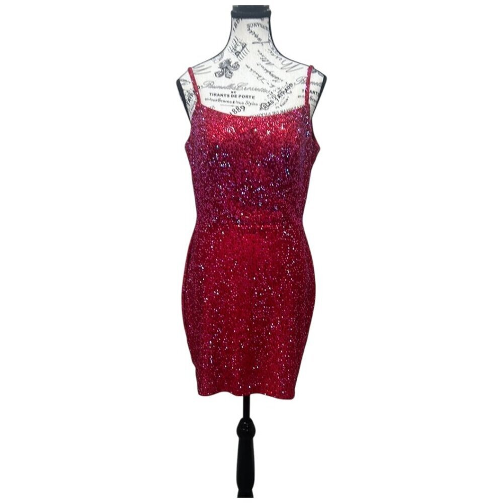 Amarra Red Rhinestone Mini Bodycon Dress Open Back Size 6